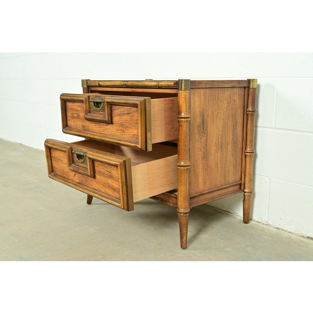 Wood Mid-Century Hollywood Regency Campaign Carved Walnut Faux Bamboo Nightstand by Stanley, Circa 1960s For Sale - Image 7 of 15