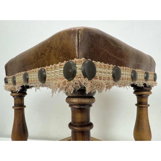 MidCentury Oak and Leather Stool in Spanish Style, 1970s Chairish