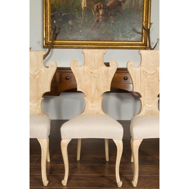 Cream Set of Six Italian Midcentury Bleached Walnut Dining Room Chairs with Scrolls For Sale - Image 8 of 12