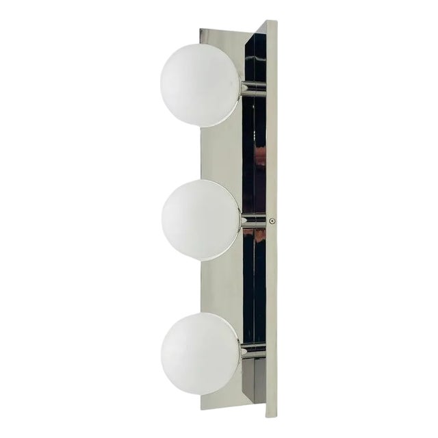 Modern Chrome 3-Globe Wall Sconce or Vanity Light, Frosted Glass Shades For Sale