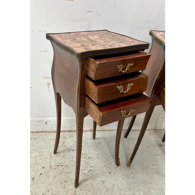 Pair of small louis xv style bombé commodes with three drawers bureau with three bombé sides decorated with chevron...