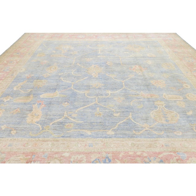 2020s Modern Oushak Style Area Rug – Hand-Knotted Wool – Muted Blue, Soft Peach & Sand For Sale - Image 5 of 11