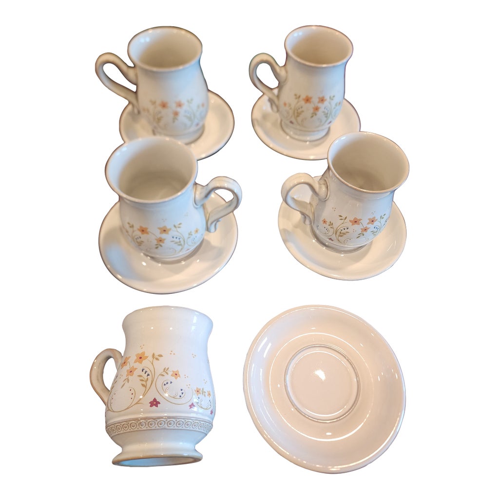 Set of Five Denby Coffee Mugs With Saucers | Chairish
