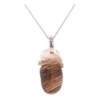 Carved Mythical Creature Motif, 21.15 Rutilated Quartz and Diamond Platinum Pendant - Fei Liu For Sale