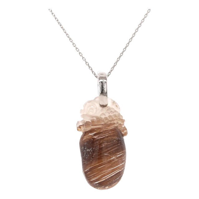 Carved Mythical Creature Motif, 21.15 Rutilated Quartz and Diamond Platinum Pendant - Fei Liu For Sale