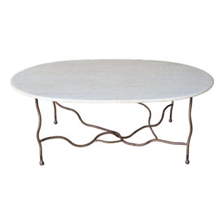 Oval Travertine Coffee Table With Hand-Forged Iron Base For Sale