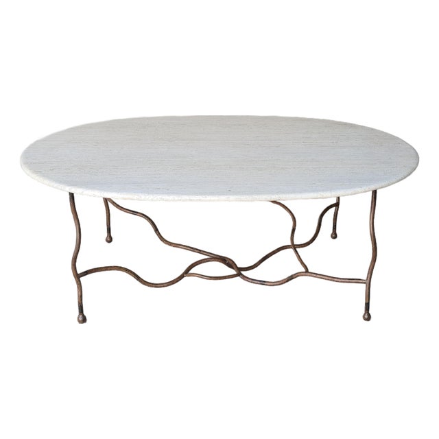 Oval Travertine Coffee Table With Hand-Forged Iron Base For Sale