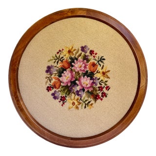 Vintage Round Framed Floral Hand-Stitched Needlepoint Wall Art For Sale
