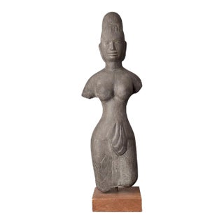 Antique Khmer Sandstone Female Deity Figure on a Wooden Base, 20" T For Sale
