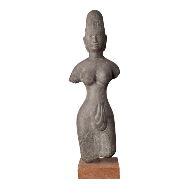 Antique Khmer Sandstone Female Deity Figure on a Wooden Base, 20" T For Sale
