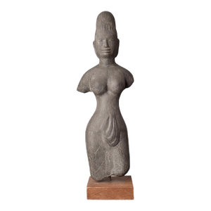 Antique Khmer Sandstone Female Deity Figure on a Wooden Base, 20" T