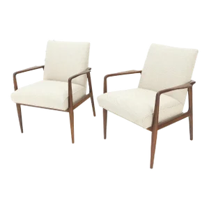 New Oatmeal Tweed Upholstery Oiled Walnut Side Arm Chairs Jens Risom Style - A Pair