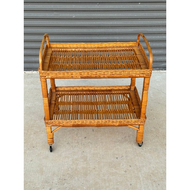 C. 1970s Mid Century Modern Italian Franco Albini Style Rolling Bamboo Bar Cart For Sale - Image 4 of 11