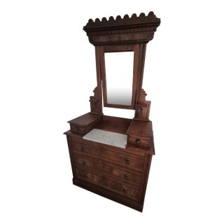 Antique Victorian Eastlake Marble Top Burled Dresser With Swivel Mirror For Sale