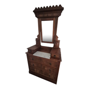 Antique Victorian Eastlake Marble Top Burled Dresser With Swivel Mirror