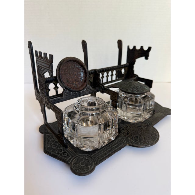 Antique 1879 Patent Double Inkwell With Cast Metal Stand, Pen Rests and Crystal Glass Ink Pots For Sale In Los Angeles - Image 6 of 15