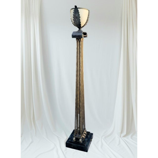 Vintage Maitland Smith Art Deco Tessellated Stone Brass Iron Marble Base Floor Lamp For Sale In West Palm - Image 6 of 14
