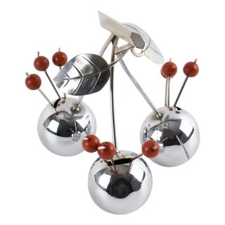 1930s Art Deco Giant Chrome Cherries Barware Cocktail Picks by Gouaille - 11 pcs For Sale