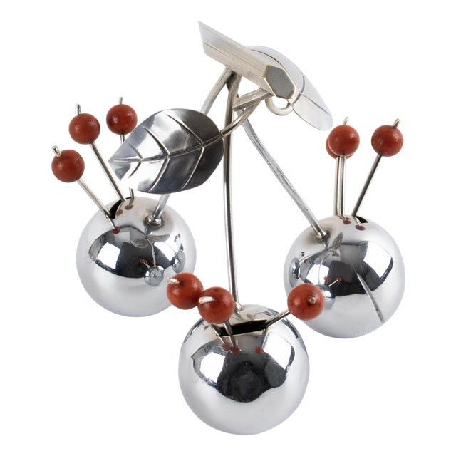 1930s Art Deco Giant Chrome Cherries Barware Cocktail Picks by Gouaille - 11 pcs For Sale