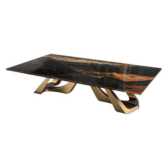 Art Deco "Pagina" Coffee Table With Bronze and Golden Cobra Marble, Handmade For Sale - Image 3 of 8