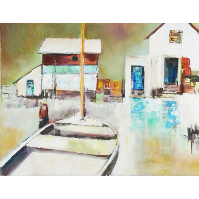 Abstract 1970s Modern Abstract Cubist Inspired Landscape Painting of an Oceanside Boat Dock By For Sale - Image 3 of 10