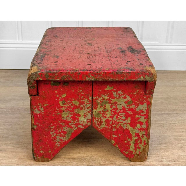 Early 20th Century Antique Primitive Farmhouse Red Wood Milking Foot Stool For Sale - Image 5 of 9