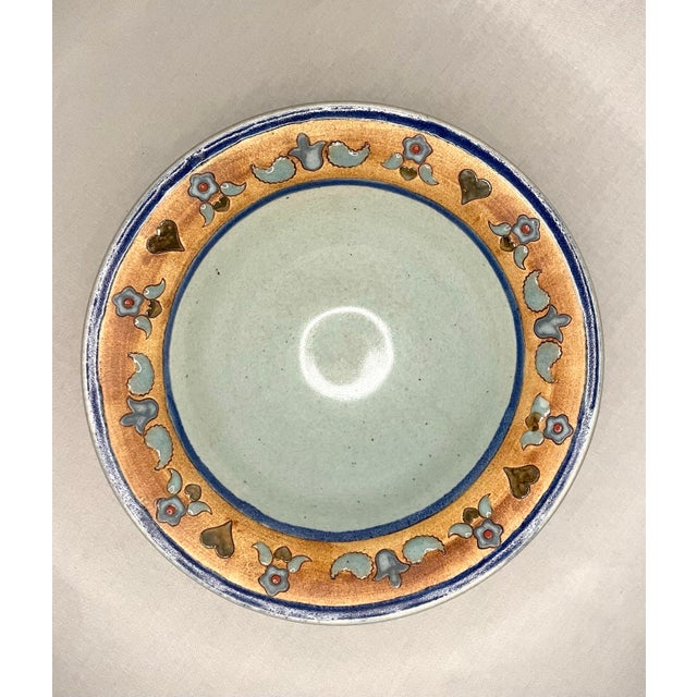 Traditional Vintage Folk Art Pottery Decorative Bowl in Pistachio Green, Blue, and Gold Finish For Sale - Image 3 of 10