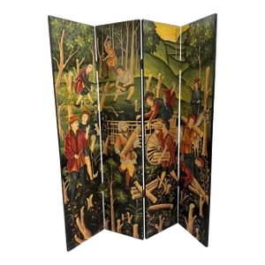 Late 20th Century 4-Panel Painted Colonial Scene Room Screen Divider