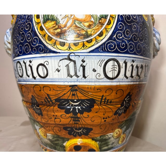 Monumental Antique Hand Painted Italian Majolica Terracotta Pottery Olive Vase For Sale - Image 12 of 15