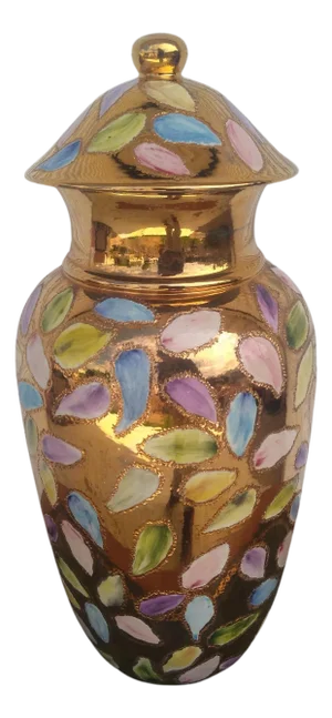Large Hand Painted Gold Ginger Jar Signed E.S.