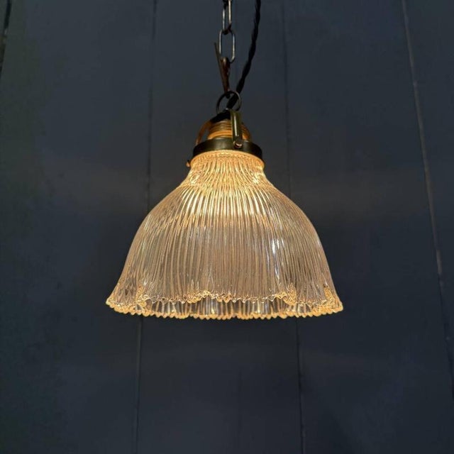 Small Pressed Glass Pendant Lamp with Brass Fixture from Holophane, 1930s For Sale - Image 17 of 17