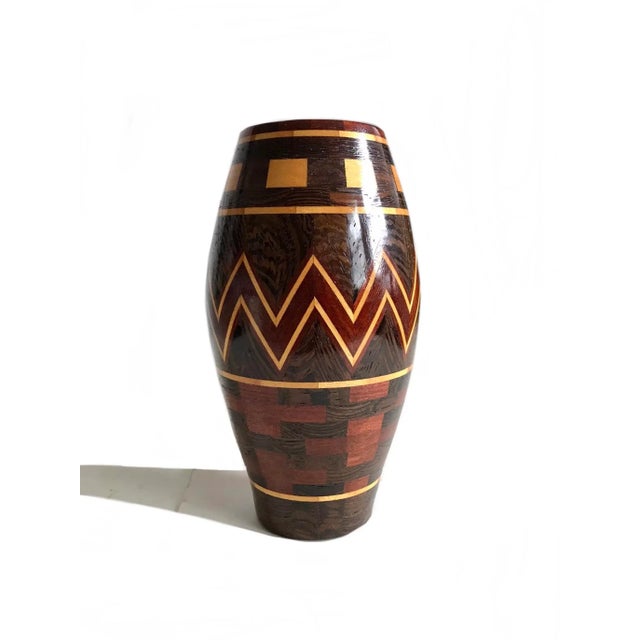 Southwestern Segmented Wood Sculptural Vase Woodturning Inlay Art Vessel For Sale - Image 9 of 9