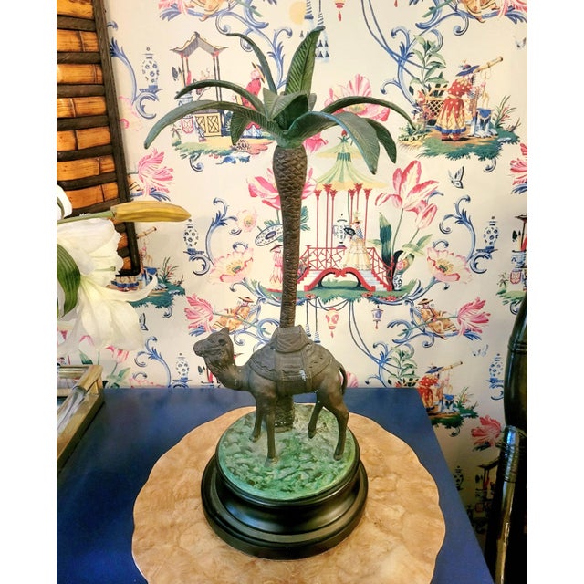 Green Maitland Smith Style Large Bronze Camel Regency Palm Tree Candle Holders- a Pair For Sale - Image 8 of 12