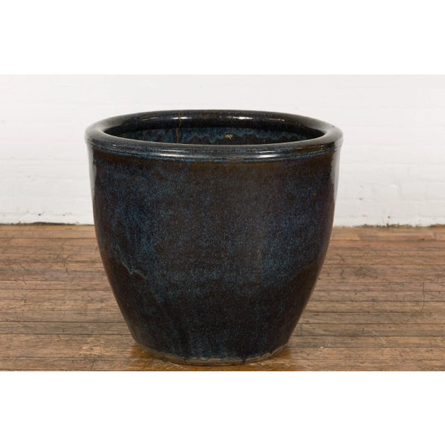 Thai Vintage Oversized Shigaraki Style Namako Glazed Planter with Wave Effects For Sale - Image 12 of 13