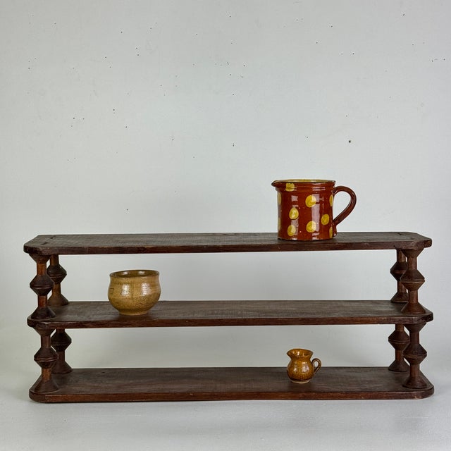 Vintage French Salvaged Bobbin Reels 3 Tier Wood Shelving Unit, Table/Counter Top Etageres For Sale - Image 4 of 18