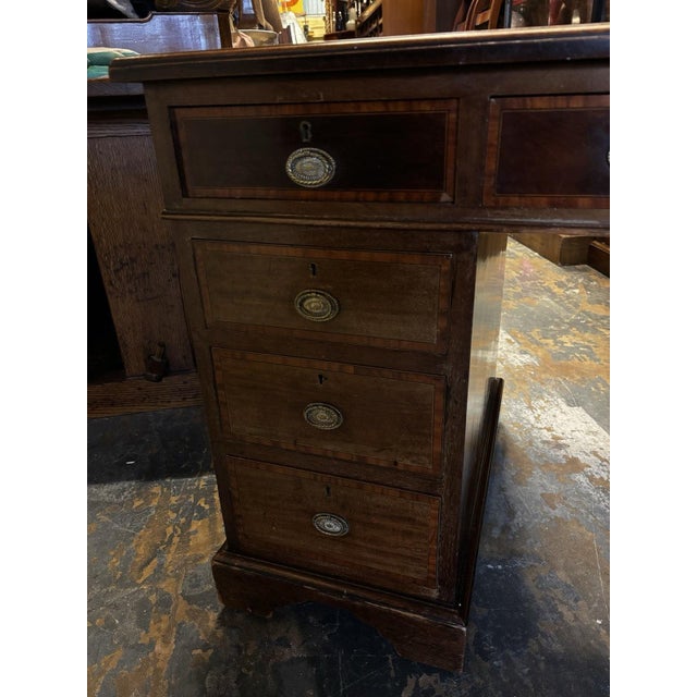 Wood Edwardian Inlaid Mahogany Pedestal Desk with Brown Top For Sale - Image 7 of 18