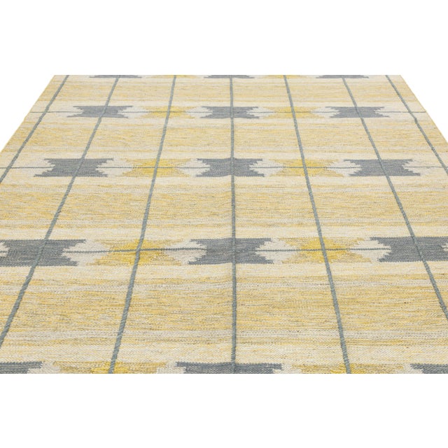 Swedish Style Flat-Weave Wool Rug in Warm Gold, Soft Grey, and Ivory Geometric For Sale - Image 12 of 12