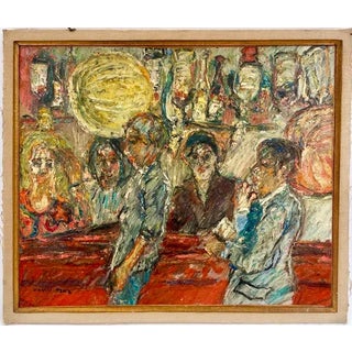 David Azuz, Israeli French David Azuz Naive Oil Painting Paris Bar Scene Colorful Fauvist, 1975 For Sale