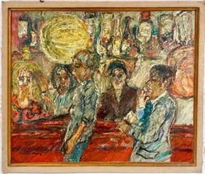 David Azuz, Israeli French David Azuz Naive Oil Painting Paris Bar Scene Colorful Fauvist, 1975