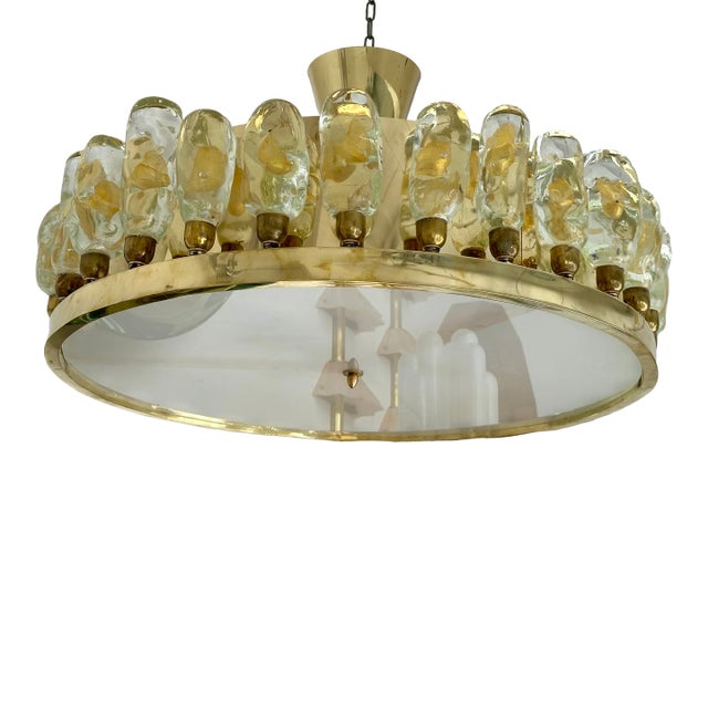 Contemporary Brass Chandelier and Murano Glass Gold Leaf Flame , Italy For Sale
