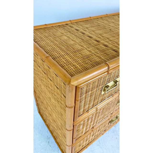 Wood Vintage Campaign Style Faux Bamboo Wicker Chest of Drawers For Sale - Image 7 of 12