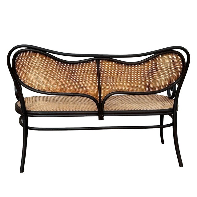 Antique Vienna Secession Scrolling Bentwood Oak & Cane Settee Bench Attributed to Thonet No 05 For Sale In Los Angeles - Image 6 of 7
