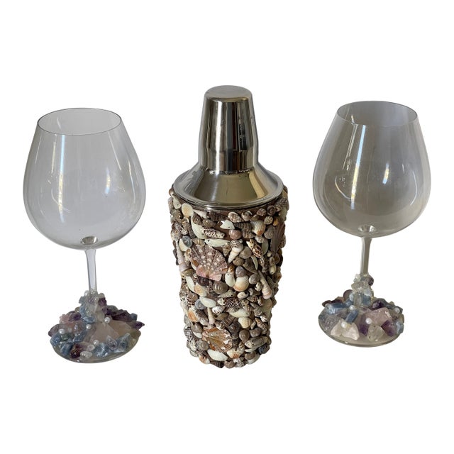Mid-20th Century Cocktail Shaker With Shells and Pair Vine Glasses Encrusted For Sale