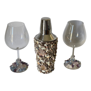 Mid-20th Century Cocktail Shaker With Shells and Pair Vine Glasses Encrusted
