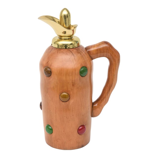 Vintage Italian Wood Resin, Brass Decanter, Jug in Style of Aldo Tura, Barware For Sale