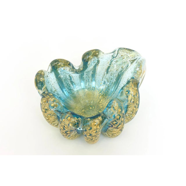 Metal MId Century Modern Barovier E Toso Murano Cordonato d'Oro Turquoise and Gold Aventurine Glass Bowl For Sale - Image 7 of 8