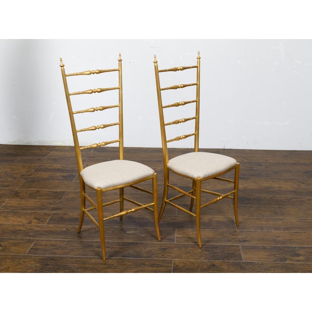 Pair of Midcentury Italian Gilt Wood High Back Side Chairs with Upholstery For Sale - Image 9 of 12