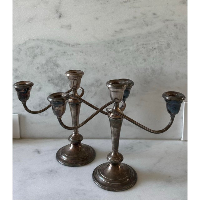 English Pair of Vintage Gorham Silver Plated 3 Arm Weighted Candelabras For Sale - Image 3 of 11