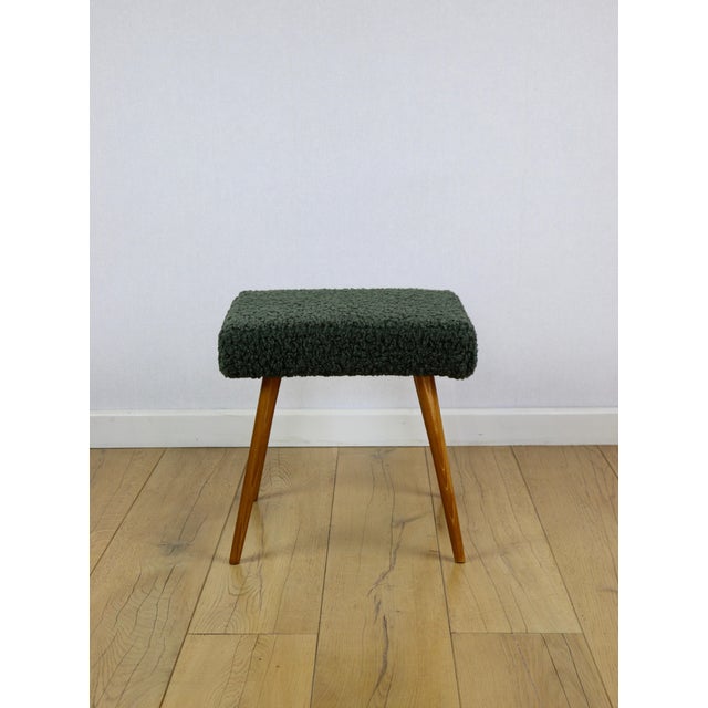 Mid-Century Modern High Stool in Green Olive Boucle Lamb For Sale - Image 3 of 8