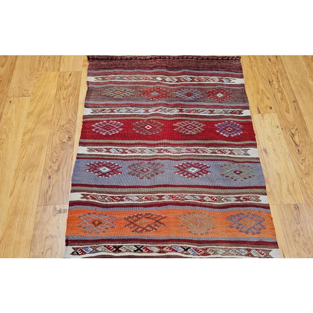 Burgundy Vintage Moroccan Tribal Kilim Runner, Flat-Woven Wool, Geometric Stripe Pattern, 2x8 For Sale - Image 8 of 15